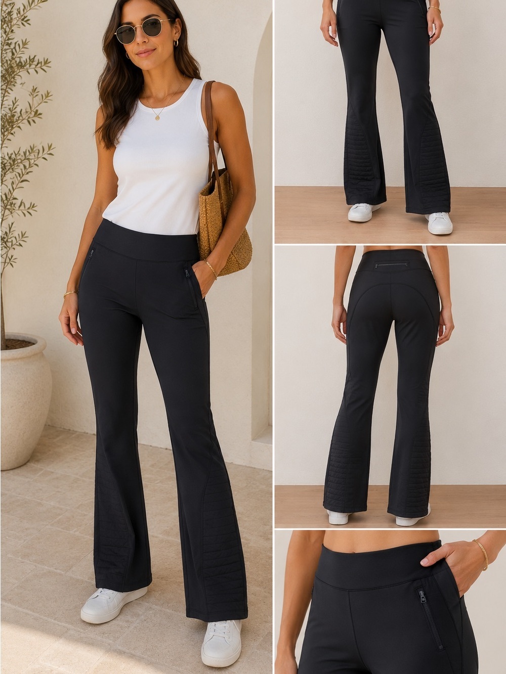 Athleta Peak Hybrid Fleece Pant Black Flare Leg Zip Pocket Size Large - Picture 1 of 10